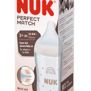 NUK Perfect Match Стъклено шише 230мл. със силиконов биберон за хранене M, 3+мес. Дъга