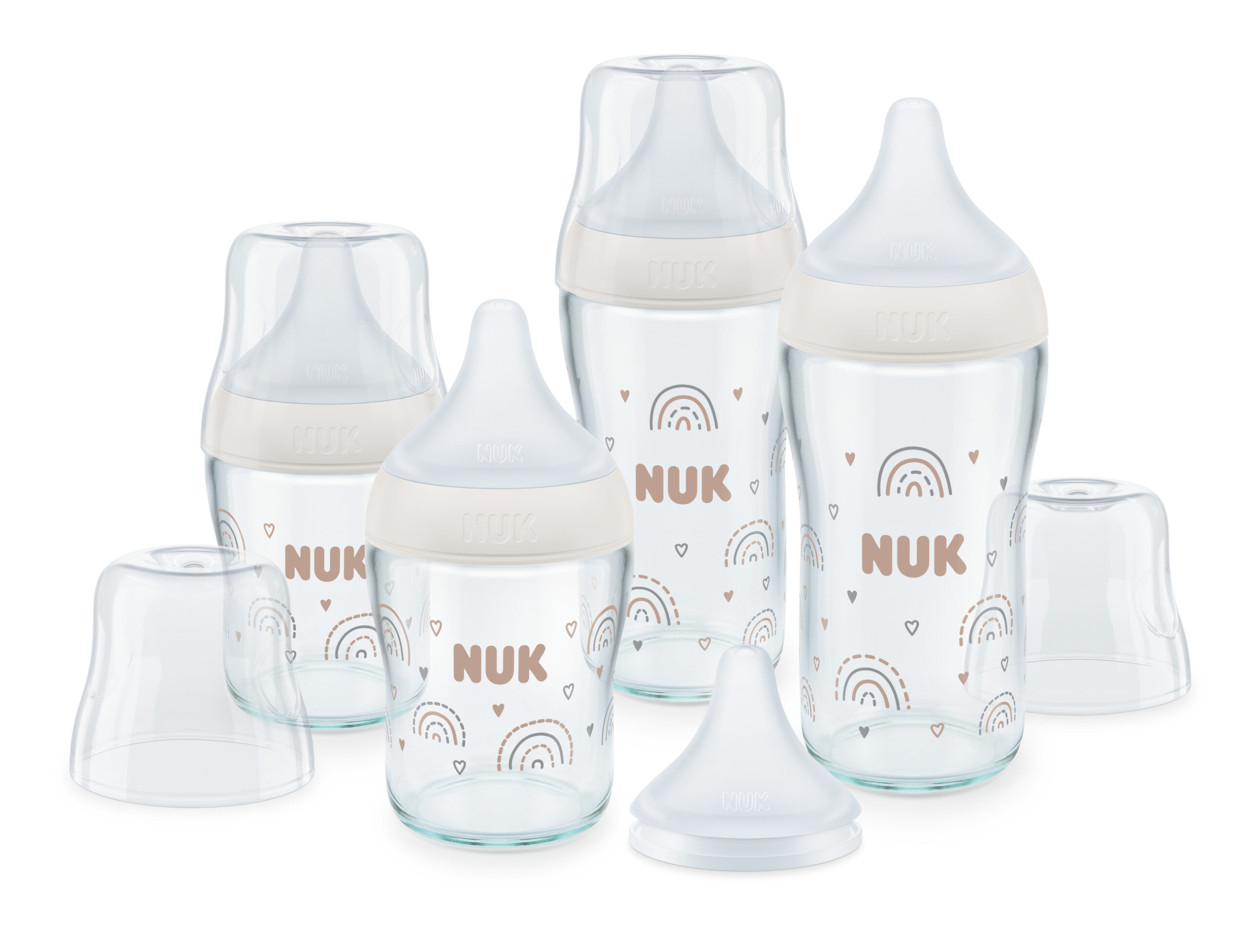 NUK Perfect Match Сет 5 стъклени шишета - 2х120мл. + 2х230мл.+ допълнителен биберон за хранене U 1бр., Дъга