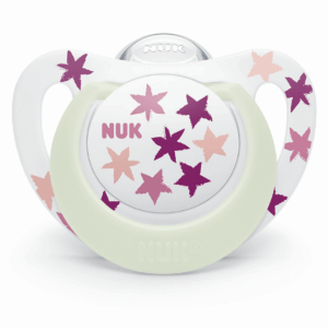 NUK биберон залъгалка силикон 6-18мес. 1бр. STAR Night + box - Розови звезди