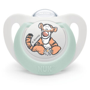 NUK биберон залъгалка силикон 6-18 мес. 1бр МЕЧО ПУХ + кутийка за съхранение и стерилизация в микровълнова- Тигър