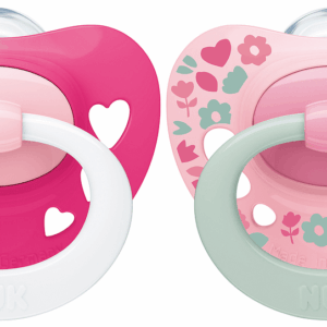 NUK Биберон залъгалка силикон 6-18 мес. 2 бр. Signature + кутийка за съхранение и стерилизация в микровълнова - Момиче