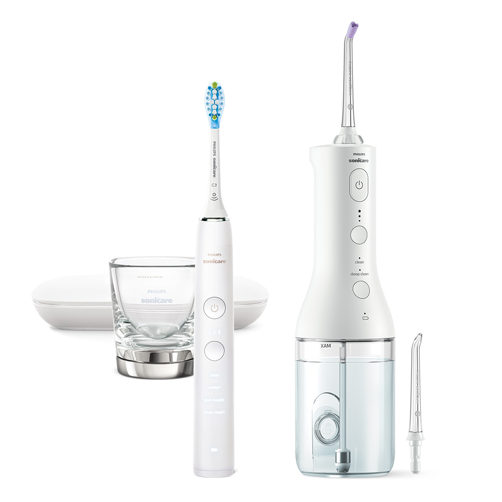 Комплект Ел. четка за зъби DiamondClean 9000 и Орален душ Power Flosser 3000, Philips Sonicare HX3886/41, бели