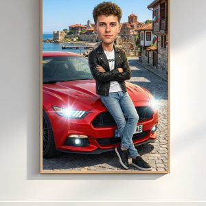 Дигитална карикатура на млад мъж с автомобил в Несебър
