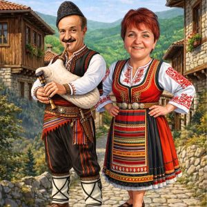 Дигитална карикатура на двойка в български народни носии