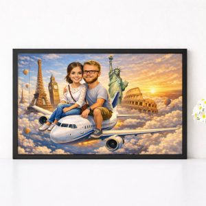 Дигитална карикатура на двойка върху самолет с пътешественически фон